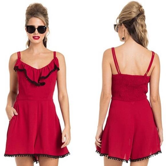 Voodoo Vixen Pants - Voodoo Vixen Bauble Ruffle Strappy Smocked Crepe Romper Womens Size S Red Goth